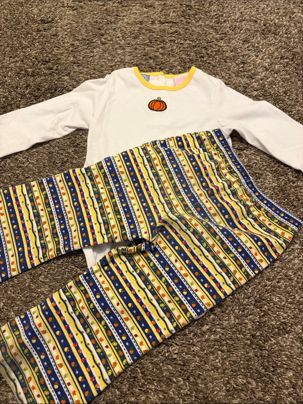 Kids White Pumpkin Top & Yellow Striped Leggings Matching Set
